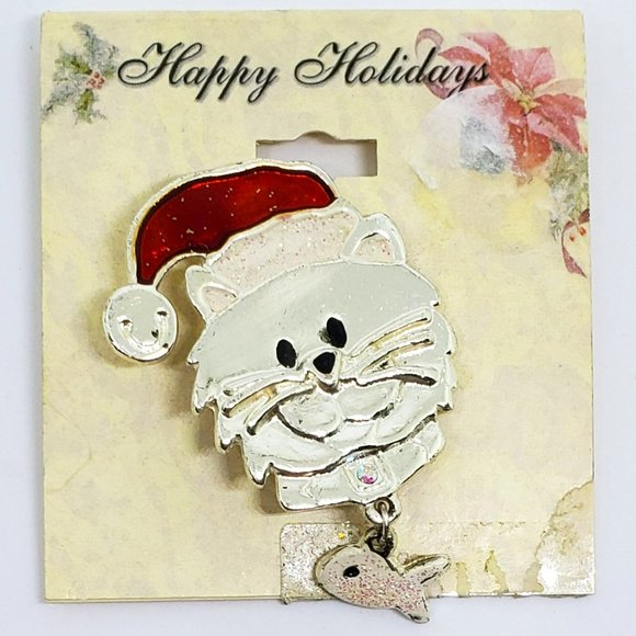 Cat Kitten Wearing Santa Hat Holding Dangling Fish Holiday Christmas Pin Brooch - Picture 1 of 6
